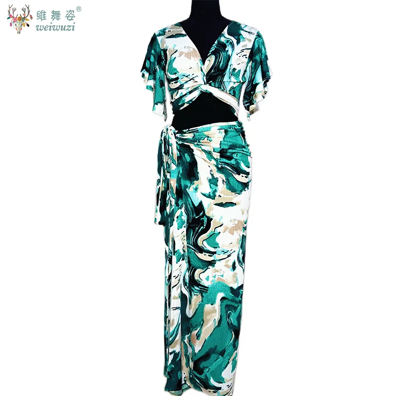 

Костюм для танца живота: дышащий сетчатый топ с принтом + сексуальная длинная юбка с разрезом, 2 предмета, комплект для практики восточных танцев для взрослых женщин