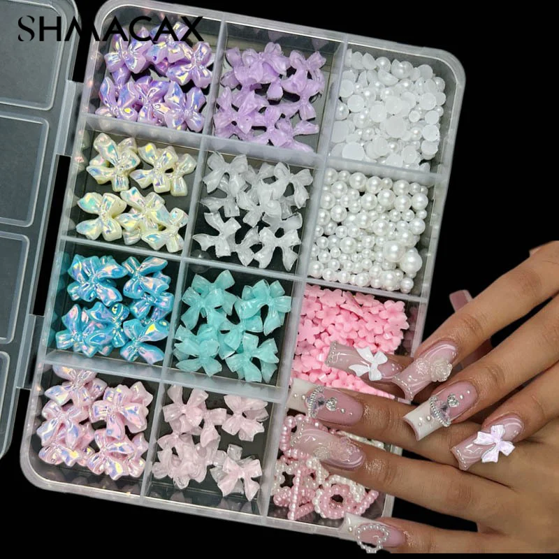 Nail Art Décorations 3D Charms, Nail Noeud, Résine mixte, Kawaii, Nministériels d coloré, Strass, DIY, Outils de manucure, Pièces, Boîte de 12 grilles