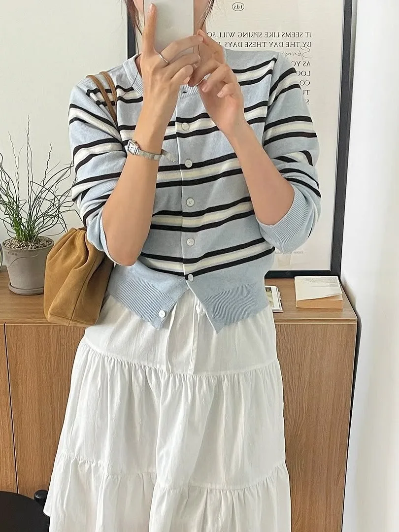 

Korean Sle round Ne Long Sve Knitted Open Cardigan Women's Fre Striped Single Button Sweater Outerwear Autumn Top