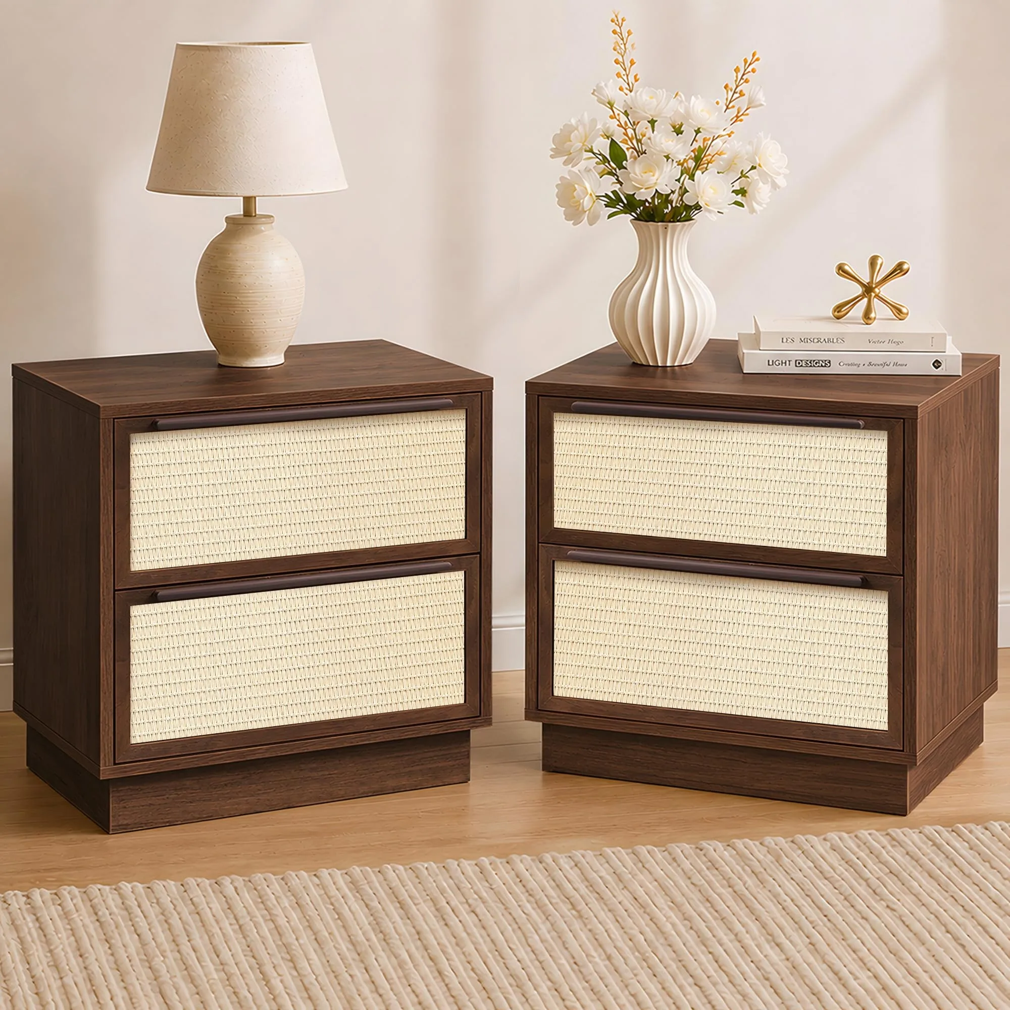 k Walnut 2-Der Nightstands Set of 2, Rattan- Bede Tables