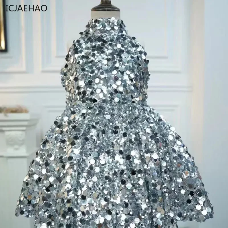 

ICJAEHAO 2024 Silver Sequins Girls Dress Children New Party Birthday Host Model Catwalk Princess Elegant Female Child Clothes