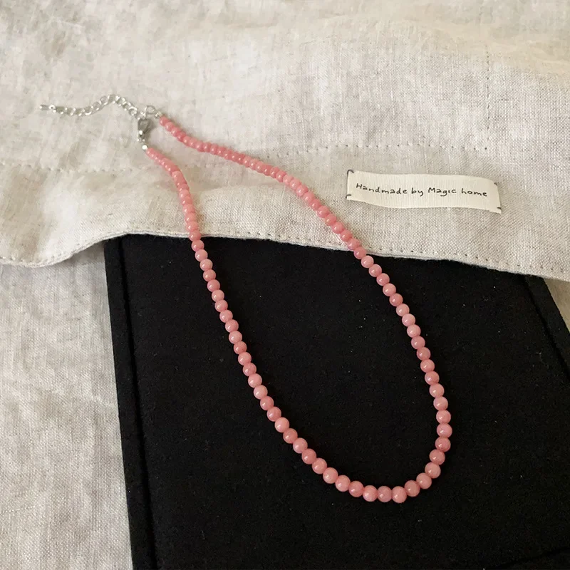 Minar Exquisite 4 6 8mm Pink Color Round Natural Stone Beaded Necklace for Women Handmade Silver Plated Chain Strand Chokers