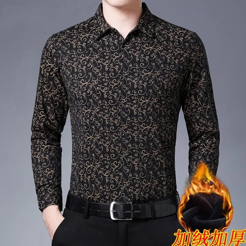 Printed Fashionable Plush and Thickened Winter Men\'s Lapel Long Sleeved Floral Shirt Casual Loose Fitting Warm Versatile Top