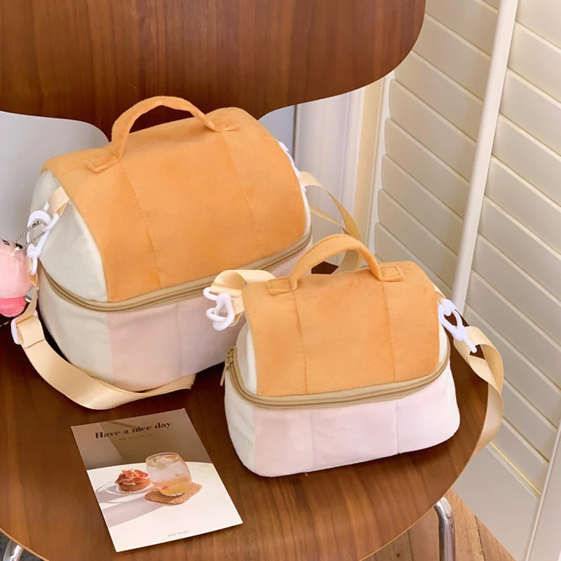 Sweet Plush Toast Bread Cosmetic Bags Large Capacity Portable Sundries Storage Bags Cute Practical Handbag Crossbody Camera Bags