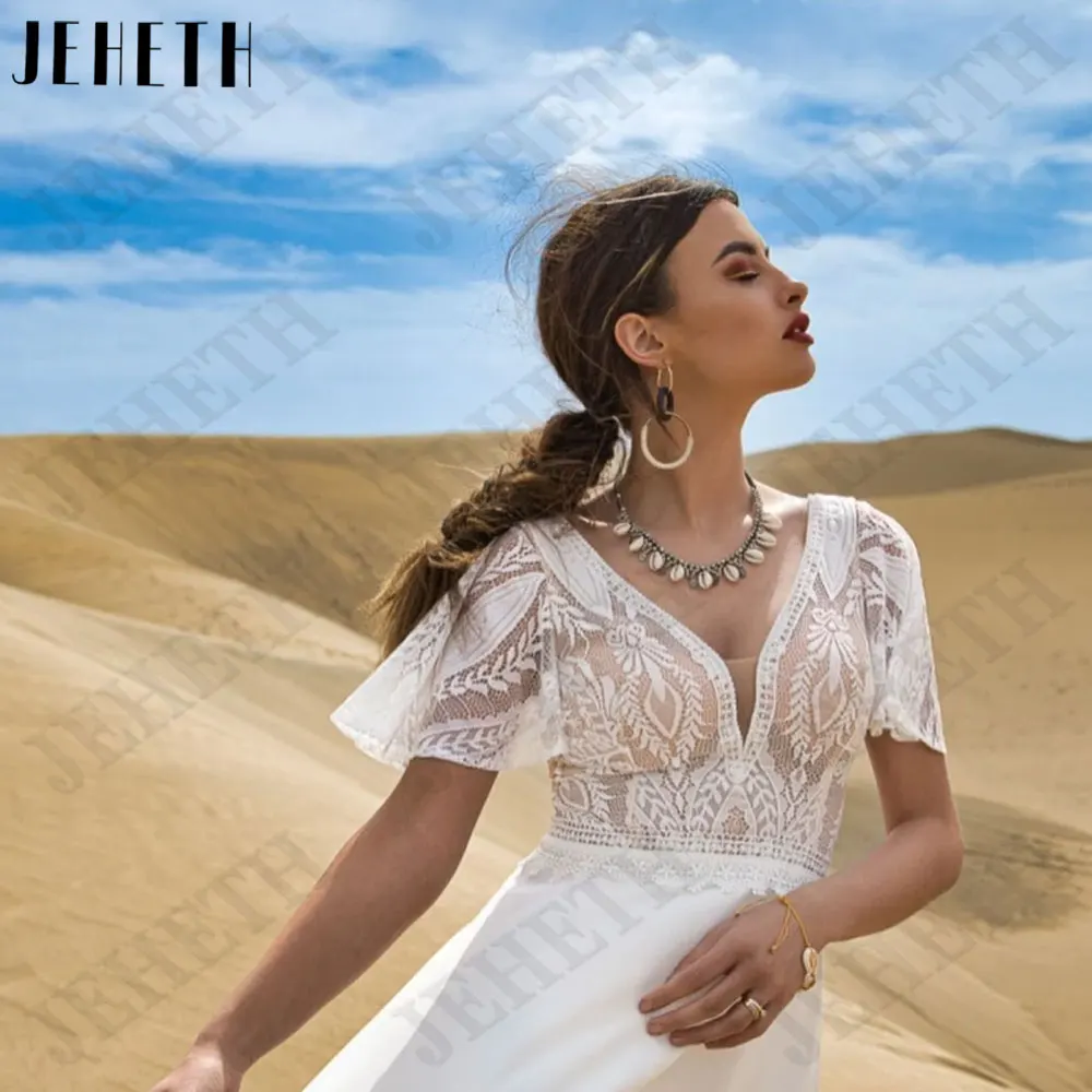 Jeheth Spitze V-Ausschnitt Chiffon Brautkleider kurze Fledermaus Ärmel A-Linie Brautkleider V-Ausschnitt rücken frei maßge schneiderte Vestido de NoviaJeheth Spitze V-Ausschnitt Chiffon Brautkleider kurze Fledermaus Är