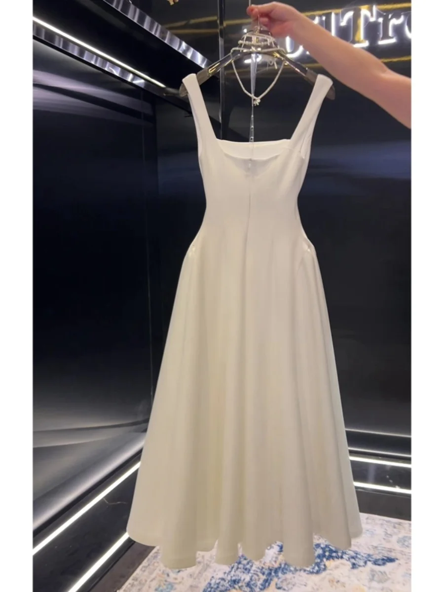 Rétro Ele Square Ne Strap Dr Jupe trapèze pour femme Minceur Taille Design Été Nouveau Sle Trajet Version coréenne Longue...