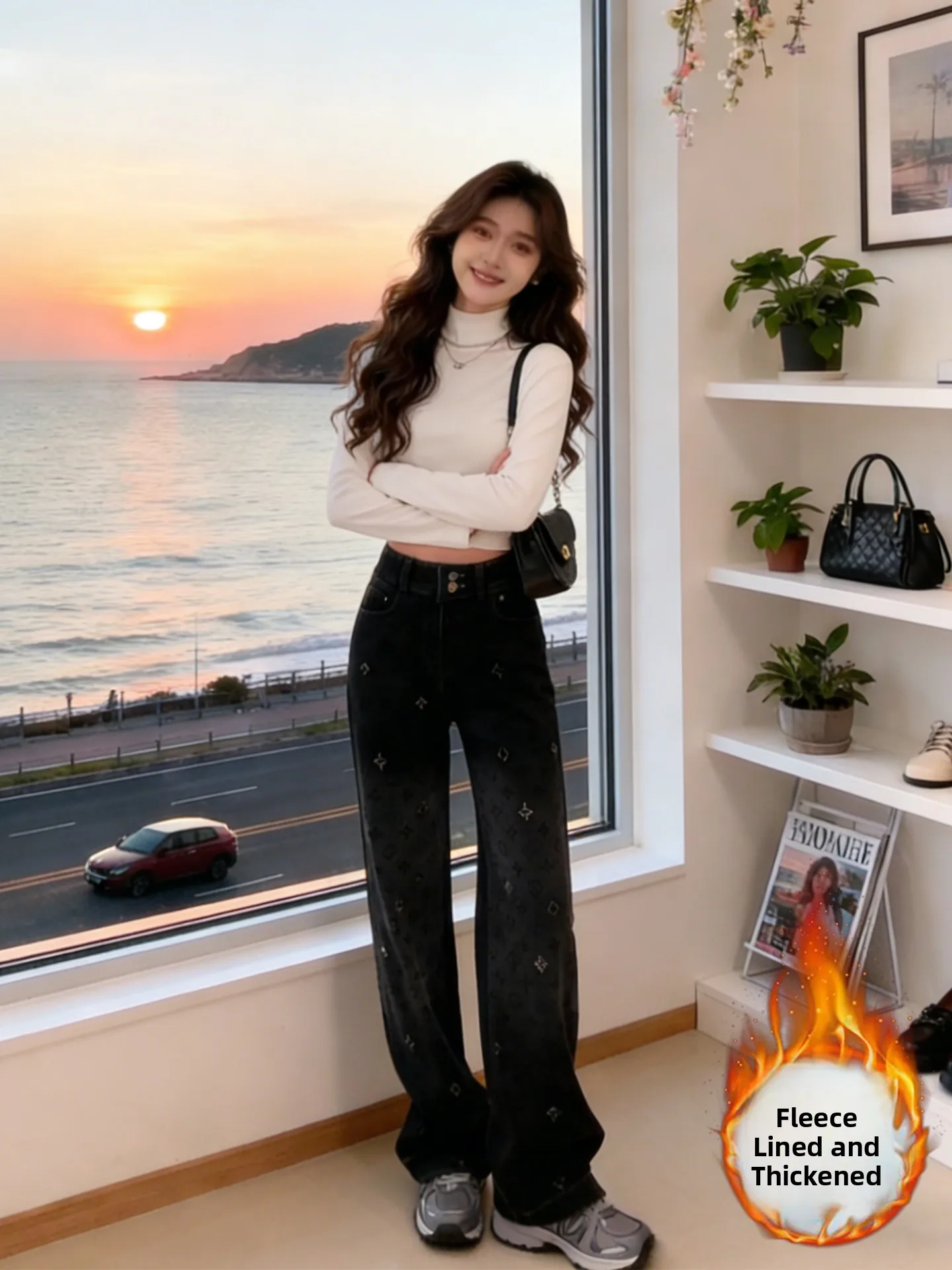 

Джинсы с широкими штанинами на подкладке, женские повседневные модные прямые брюки, осень-зима, новинка, с высокой талией, на пуговицах...