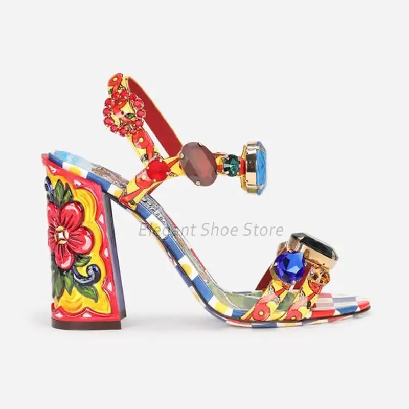 Gemstone Rhinestone Women Sandals Bohemian Open Toe Chunky Heel Ankle Strap High Heels Summer Luxury Party Banquet Dress Shoes