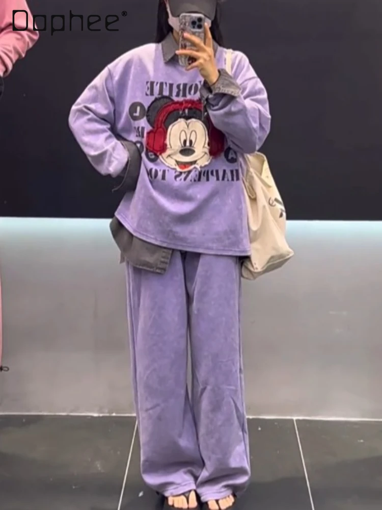 

European Style Cartoon Casual Pants Sets for Women 2025 Autumn New American Retro Loose High Street Sweatshirt Two-Piece Sets