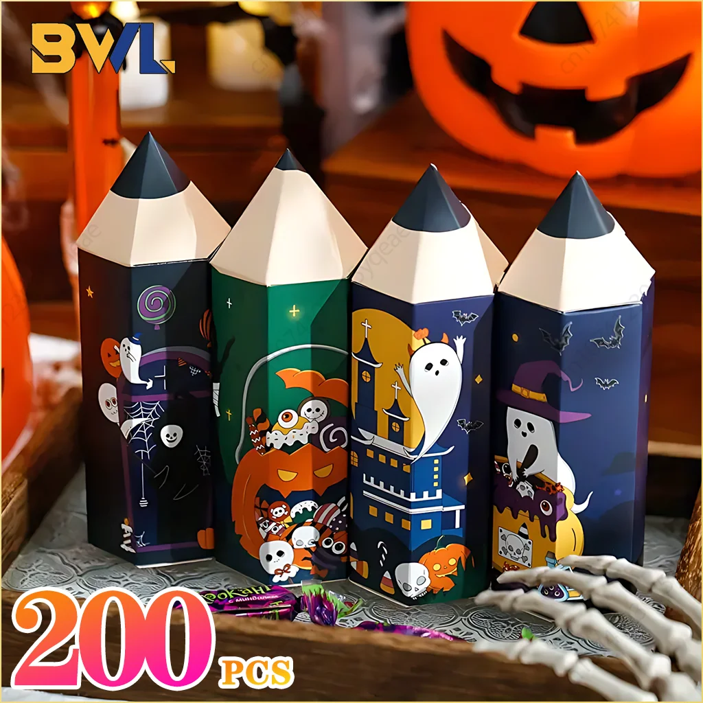 

200PCS Halloween Pencil-Shaped Candy Boxes Party Favor Treat Bags for Trick or Treating Decorative Paper Gift Wrapping Boxes