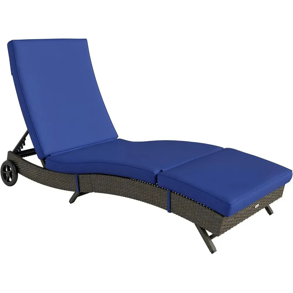 

Outdoor Blue PE Rattan Chaise Lounge Chair with Wheels, Cushion, and 5-Level Adjustable Backrest