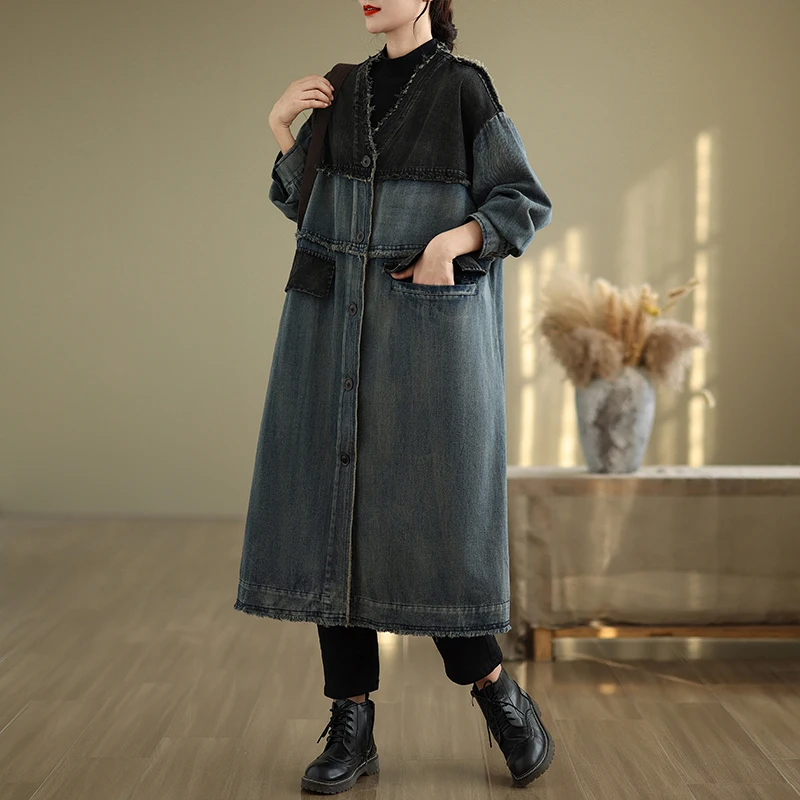 Heavyweight Waed V-Ne Loose Fit plus Size Retro Casual Frayed Long Sve Denim Sle Coat Autumn Wear Korean Sle Women...