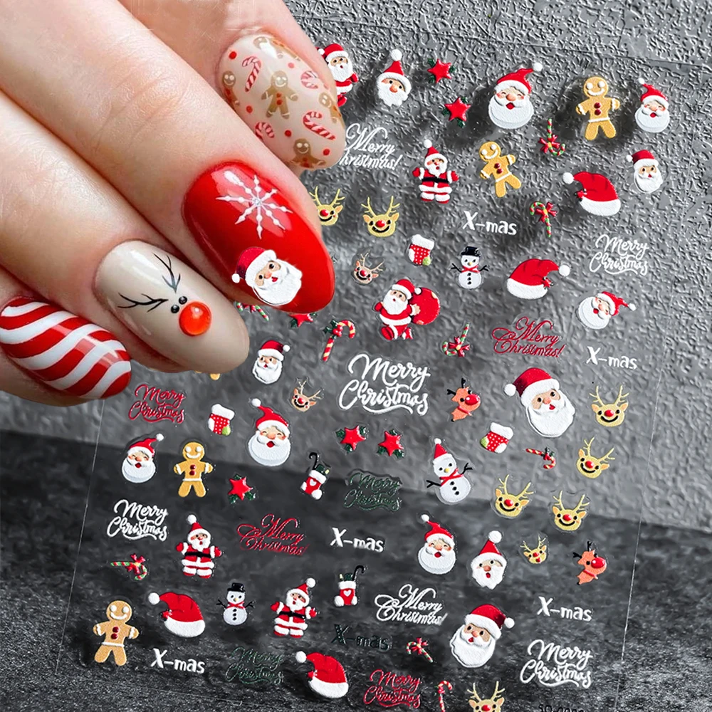 

1pcs 5D Embossed Santa Claus Christmas Nail Sticker Cute Cartoon Snowman Elk Snowflake ChristmasTree Nail Decal Xmas Nail Supply