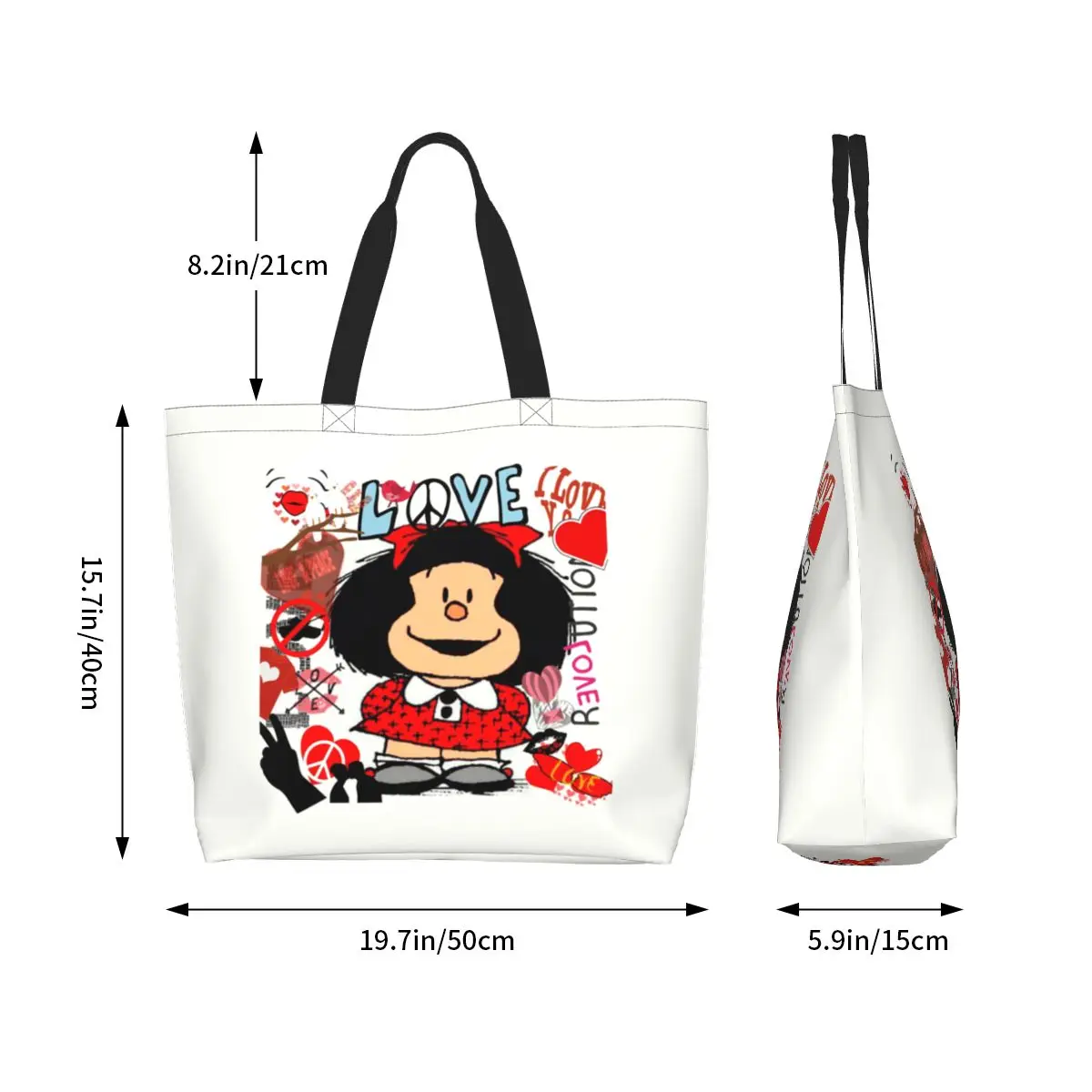 Custom Love And Mafalda Surrounded By Hearts Funny Print Canvas Shopper  Tote  Capacity Durable Fashion Manga Cartoon Handbag