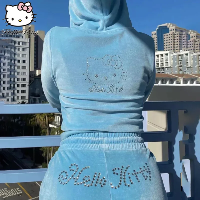 Hello Kitty Women Velvet Sweater Set Zipper Sweatpants Two piece Hoodie Women Zipper Rhinestone Print Velvet Set 2022 Spring