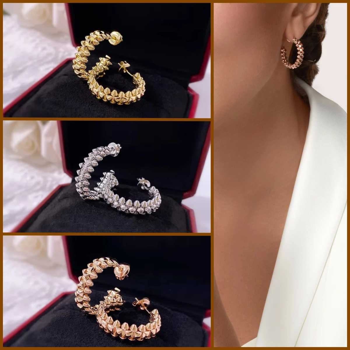 S925 silver classic European and American original high quality fashionable bullet rivet C-shaped earrings temperament personali