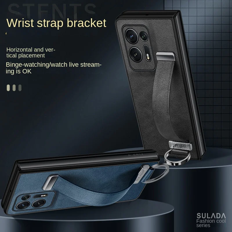 

For OPPO Find N2 Luxury Leather Case SULADA Trendy Cool Ring Wrist Strap Anti-fall Bracket for Find N2 Folding Leather Case