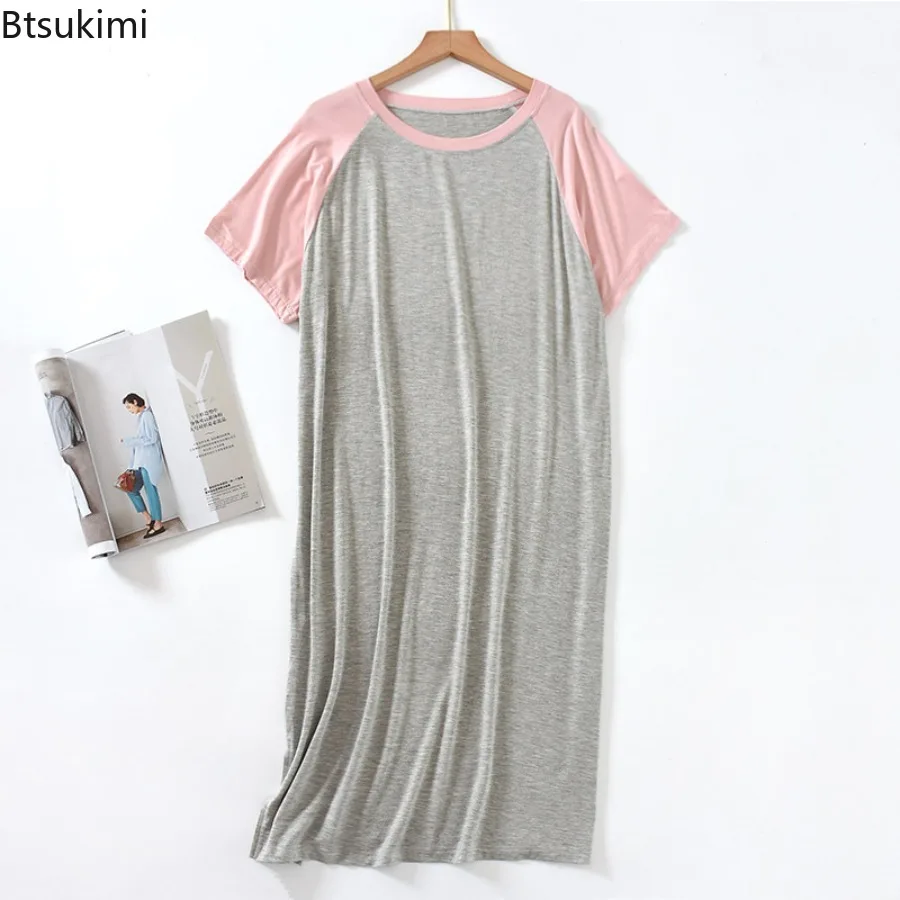2025 Summer Modal Thin Style Color Blocked Short Sleeved Raglan Sleeve Long Robes for Women Round Neck Home Nightgown Home Wear