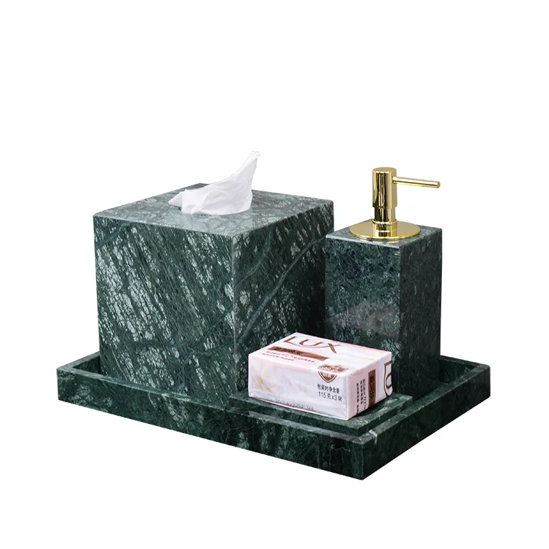 Natural marble green bathroom washing kit wash basin tray lotion bottle cotton swab jar bathroom three four piece set ins