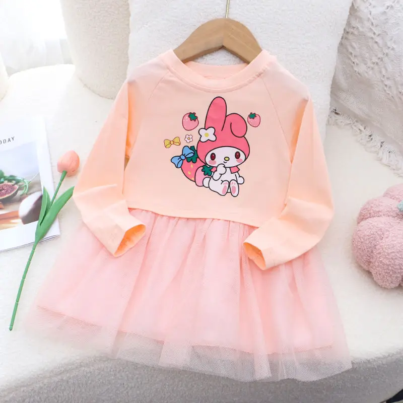 Cartoon Sanrioed Kuromi Meisjes Puur Katoen Lange Mouw Jurk Kawaii My Melody Zoete Prinses Rok Kindermode Gaas Jurk Cadeau