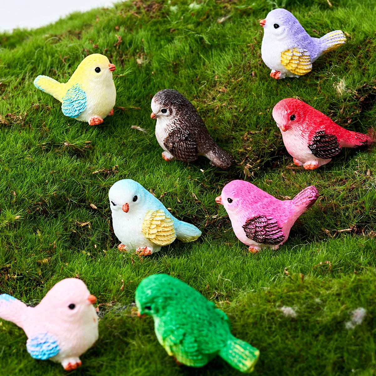 8pcs Cute Cartoon Bird Simulation Colorful Sparrow Statue Animal Model Figurine Miniature Fairy Garden Decoration Accessories