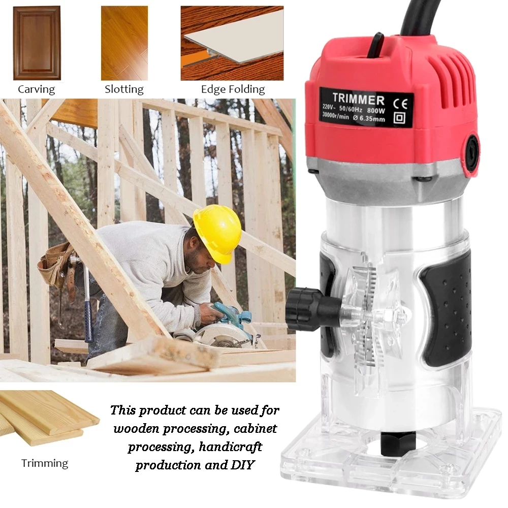 800W DIY Woodworking Electric Trimmer AC Wood Milling Engraving Slotting Trimming Machine Hand Carving Router EU Plug 6.35mm