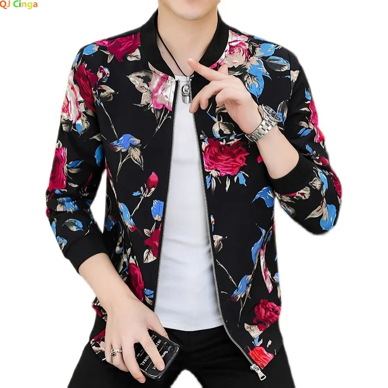 Black Men's Long-sleeved Printed Jacket, Baseball Neck Zipper Coat, Spring Rose Male Top Asian Size M-5XL 6XL