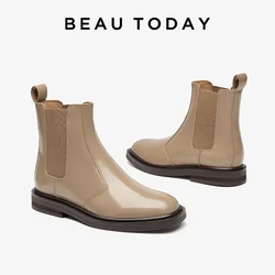 BEAUTODAY Chelsea Boots donna PVC pelle di mucca punta tonda Soild colore lucido lunghezza caviglia 2023 scarpe da donna invernali fatte a mano 03714