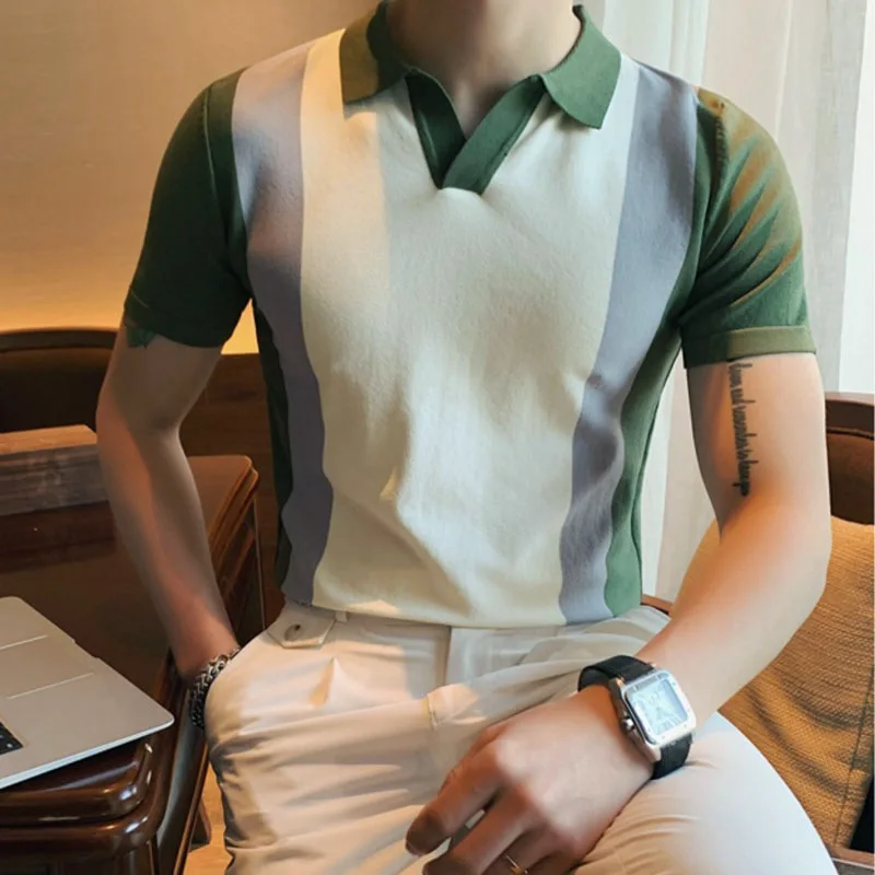 

Мужская трикотажная рубашка в стиле кэжуал, приталенная, с цветными вставками, летняя новинка, молодежная, с коротким рукавом, из тонкого материала