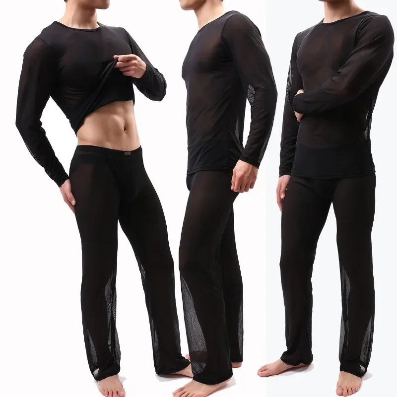 

Sexy Perspective Men's Loungewear Men's Long-sleeved Trousers Set Pajama Pants Men's Mesh Pajamas