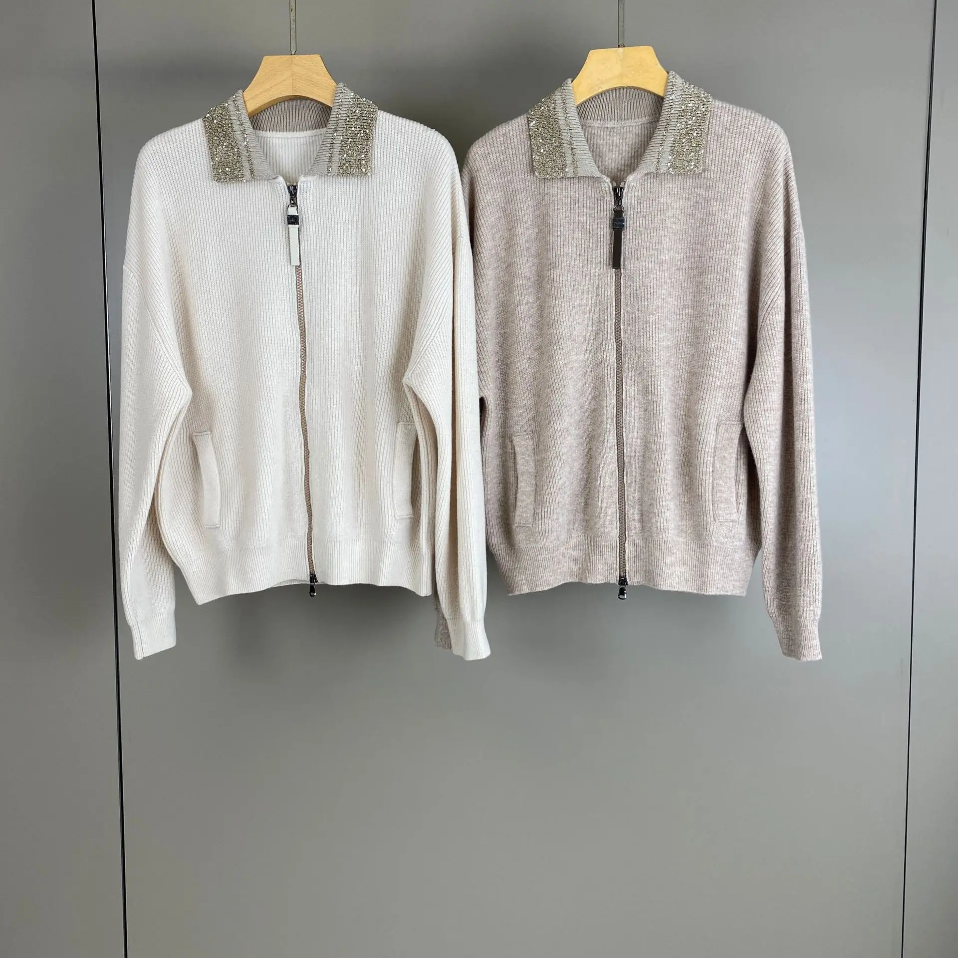 Women's 2026 Autumn Winter New Cashmere Wool Lapel Sequin Knitted Cardigan Jacket