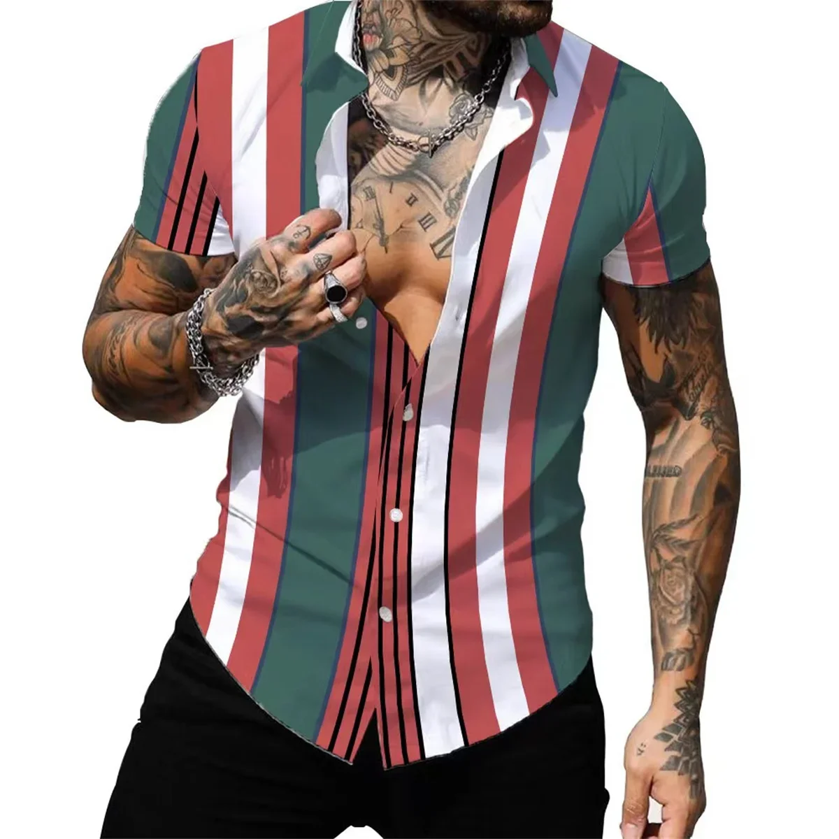 Men's Simple Striped 3D Printed Color Palette Lapel Short-sleeved Shirt Men's Hawaiian Vacation Beach Clothes Business Casual