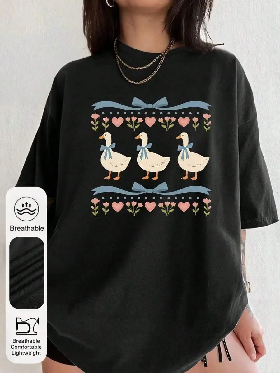 

Женская повседневная футболка с круглым вырезом и короткими рукавами с ретро-принтом в виде гуся