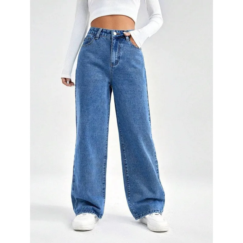 Women's High Waist Wide Leg Straight Leg Loose Fit Light Wash Cotton Long Wrinkle Resistant Jeans with Functional Pocket Detail view 2