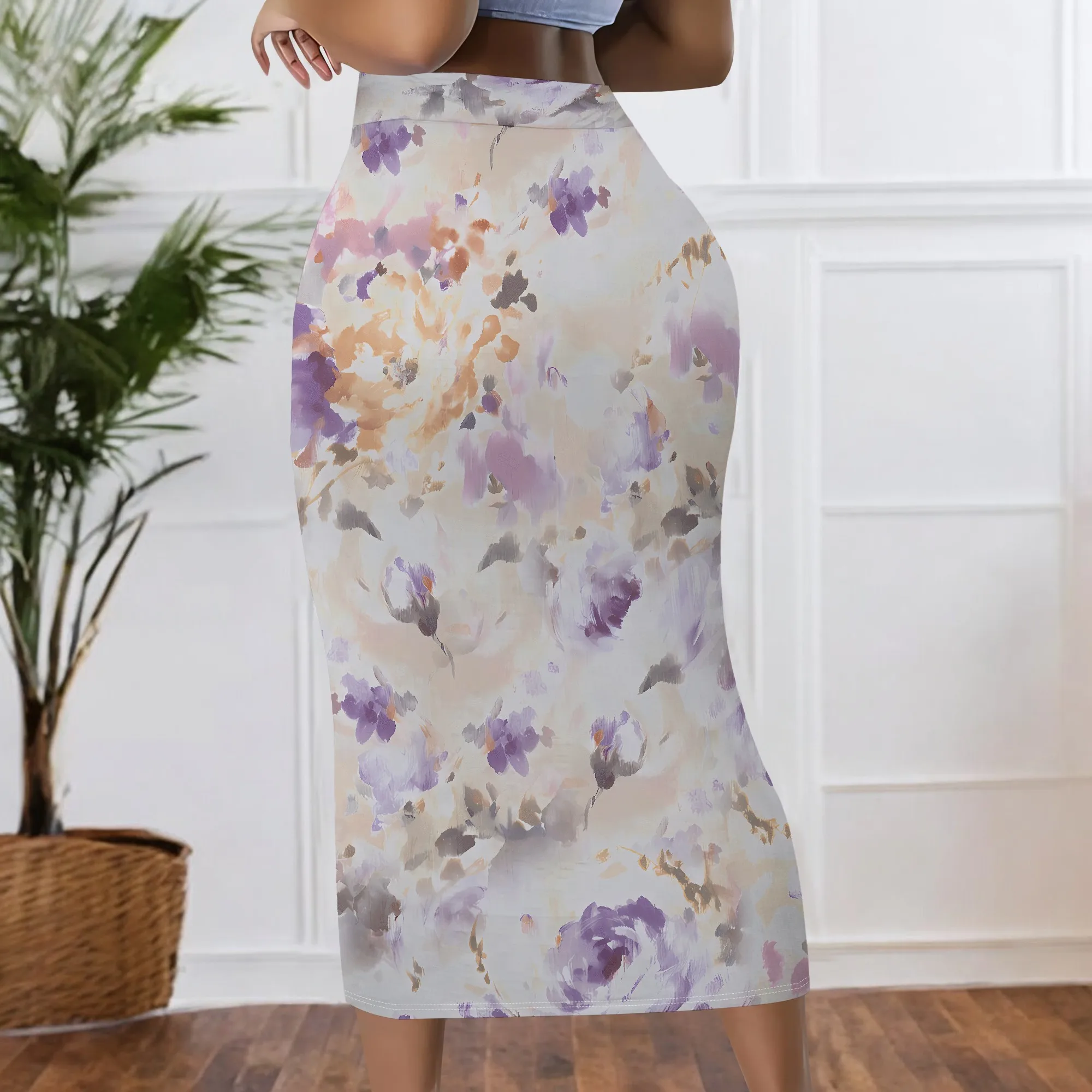 Blumenmuster Bleistiftrock, Aquarell-Print Midirock, Lila Blumen-Bodycon-Rock, Elastischer Bund Damen Bürokleidung, S-2XL – Detail 4