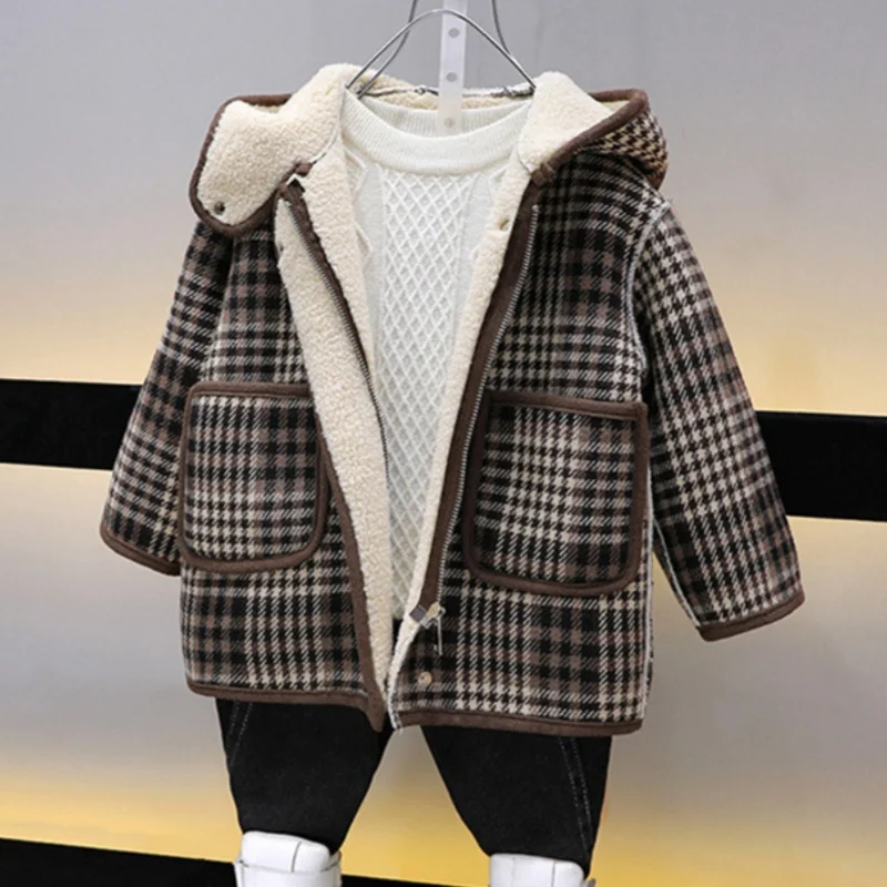 

Boys Woolen Coat Overcoat Jacket Windbreak 2024 Lovely Warm Plus Thicken Autumn Winter Cotton Christmas Gift Children's Clothing