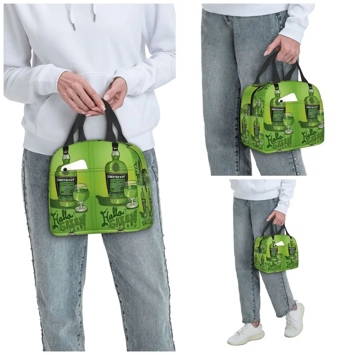 Green Chartreuse Bottle Oil Painting Drink 1 Insulated Lunch Bag for Kids School Cooler Thermal Food Box Tote Lunch Boxes
