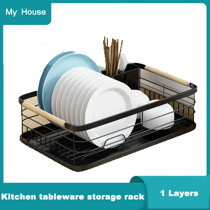 1 layer Home Dish Drying Rack Dish Drainer With Drainboard Light Duty Black Utensil Organizer Kitchen Dish Storage Rack