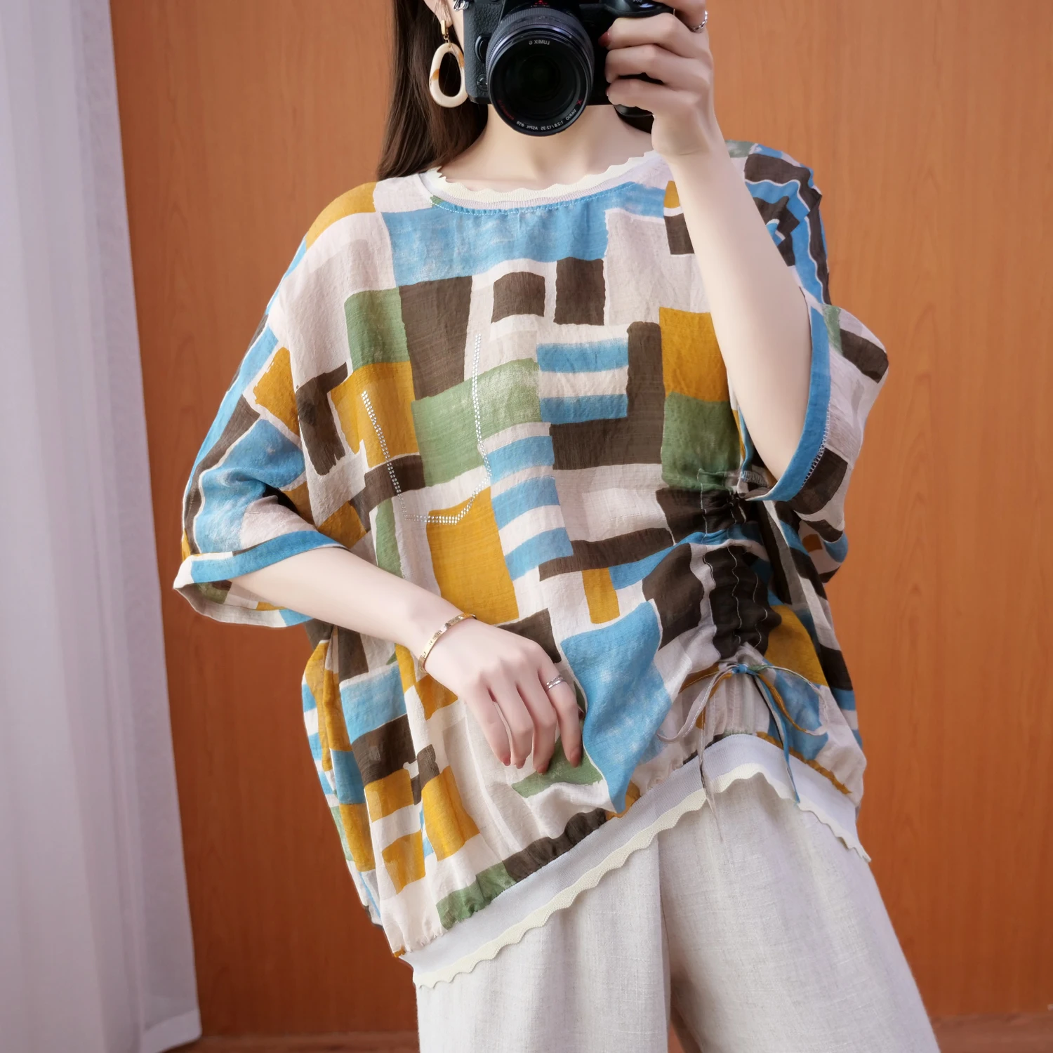 

Summer Loose Large Size round Neck Overhead Beach Vacation Pocket Drawstring Casual Shirt Women's Loose Fit Summer Top