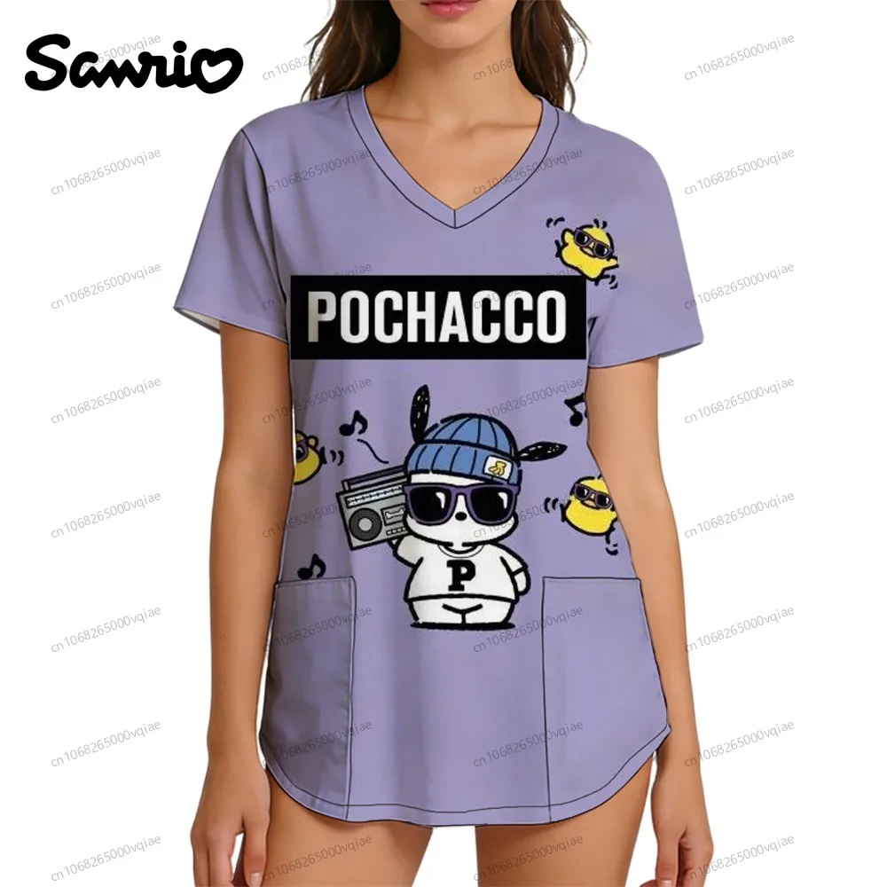 

Fashion Women's T-shirt Trend Pochacco Pocket Nurse Uniform V Neck T Shirt 3D Print 2026 New Summer Kawaii Y2k Clothes S-2XL