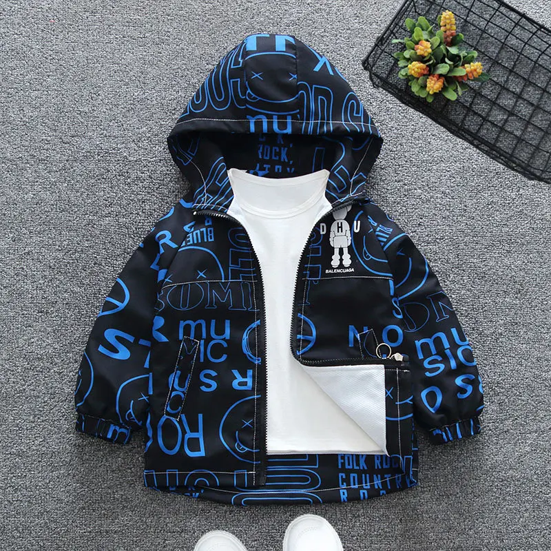 Teenagers Boys Coat 2024 Spring Autumn Full Print Letter Cartoon Pattern Hooded Windbreaker For 2-12 Years Kids Leisure Overcoat