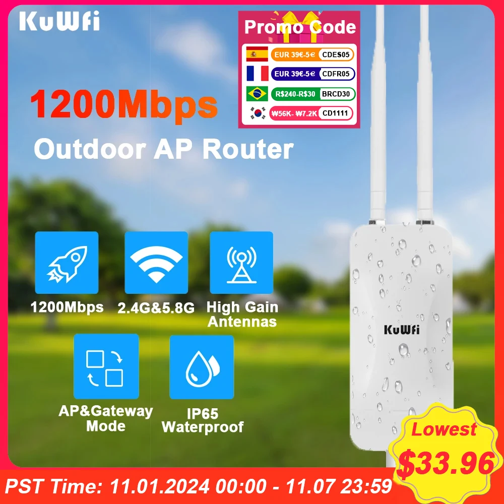 

KuWFi 1200Mbps Outdoor AP Router Dual Band Wireless Wi-Fi Access Point AP Router with High Gain External Antenna Support 24V POE