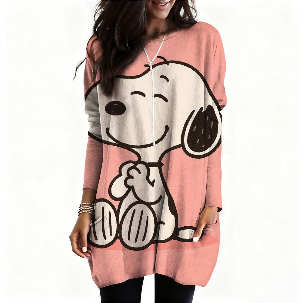 

Женский повседневный пуловер с принтом, толстовка с принтом снупи, длинный рукав, круглый вырез, которую можно стирать в машине, стандартный крой для осени ﻿