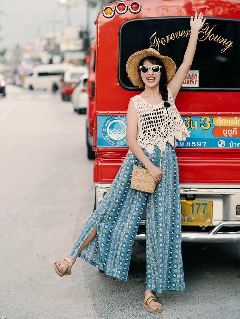 Pantalones de viaje bohemios para mujer, pantalón de pierna ancha con abertura, holgado, informal, Hippie, para Yoga y playa