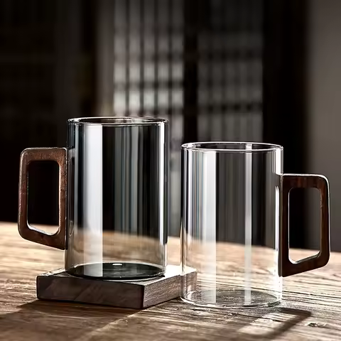 400ml Walnut Handle Glass Cup Heat-resistant Cup for Home Use Tea Making Cup Office Drinking Cup