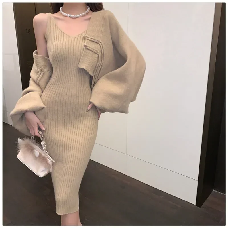 Fall Winter Fashion Knitted 2 Pieces Sets Black Red V Neck Pencil Sling Dress&Long Lantern Sleeve Short Cardigan 2pc Skirt Suits