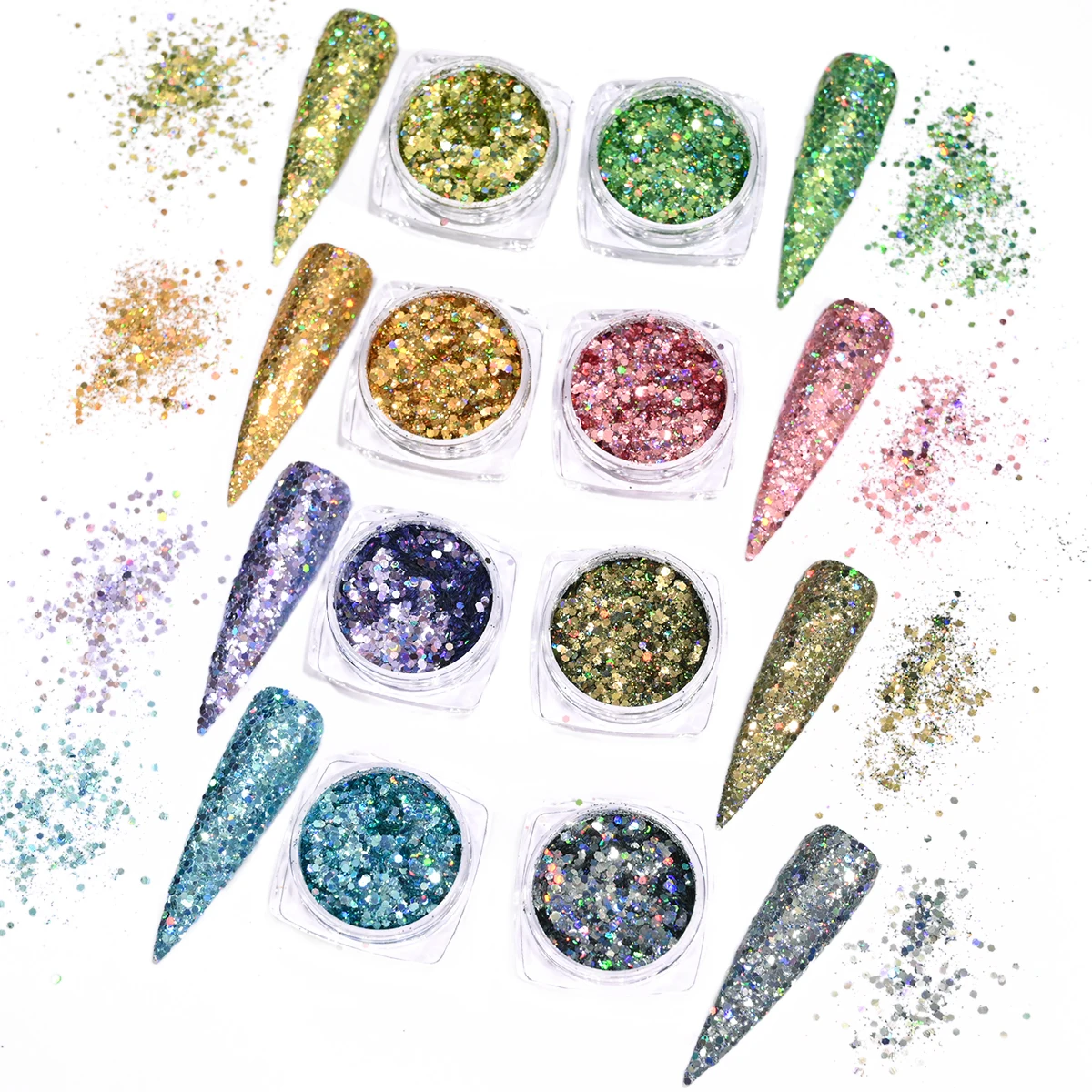 Ensemble de paillettes holographiques irisées pour ongles, mélange hexagonal, poudre d'art d'ongle, vernis gel, accessoires de manucure, 12 boîtes