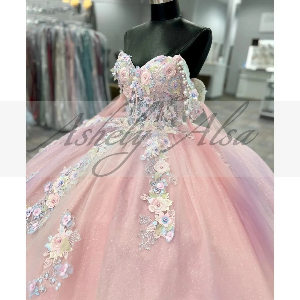 Real Pictire-vestido De baile rosa para mujer, ropa De baile, hombros descubiertos, apliques De perlas, falda hinchada grande, 15 Quinceañera 16