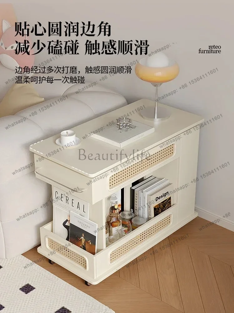 French Cream Style Rattan Coffee Table Movable Adjustable Small Coffee Table Sofa Side Cabinet Living Room Storage Table Factory