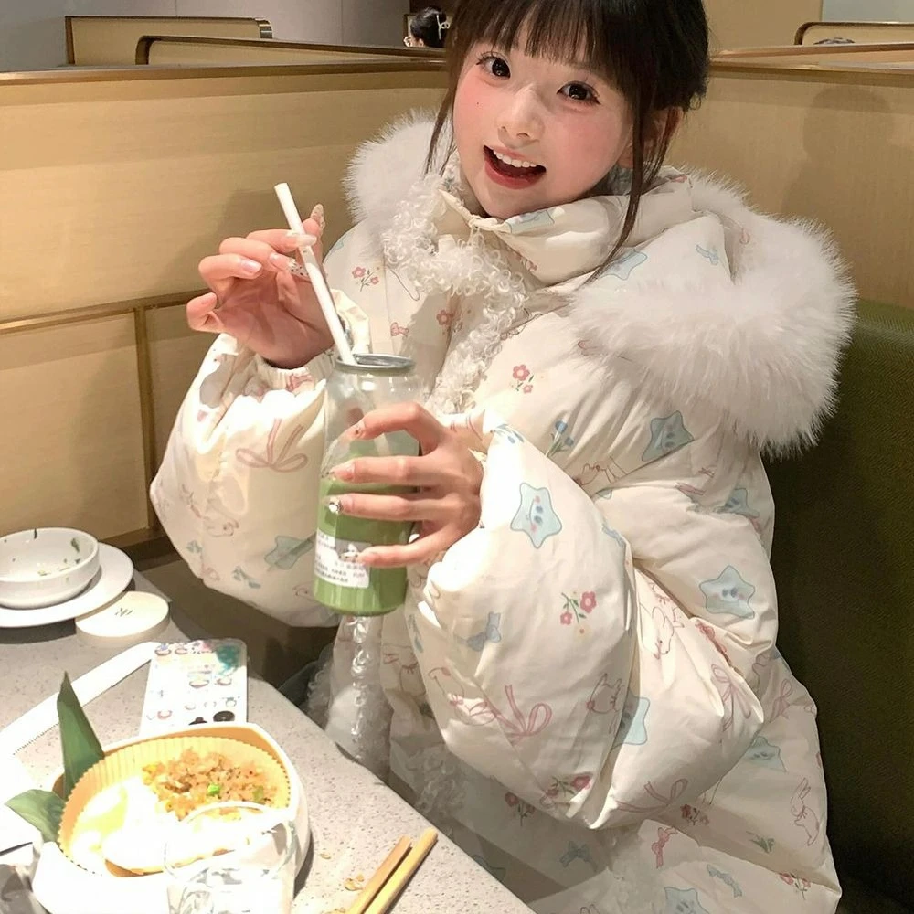 Japanese Kawaii Long Sleeve Coat Faux Fur Collar Women Zipper Hooded Vintage Subculture Harajuku Pure Color Autumn Streetwear